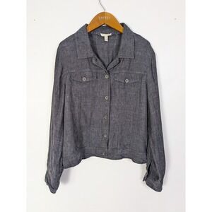 Eileen Fisher Linen Cropped Button Up Top Blong Sleeve Pockets Organic Boxy